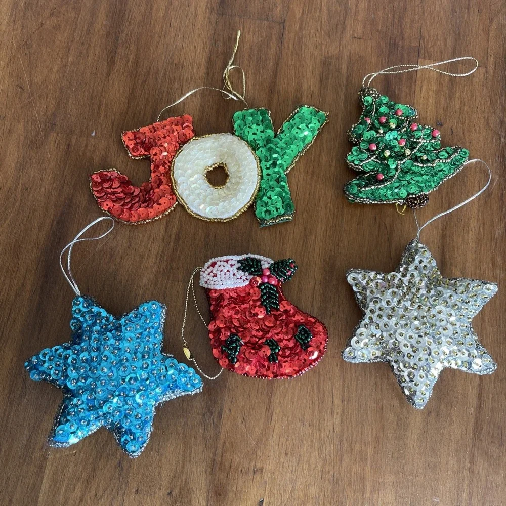 Five Vintage Sequin And Beaded Christmas Ornaments Stars Joy Tree Stocking‎